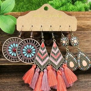 Set of 3 Dangle Earrings Boho Pendant Tassel Design Zinc Alloy #earrings